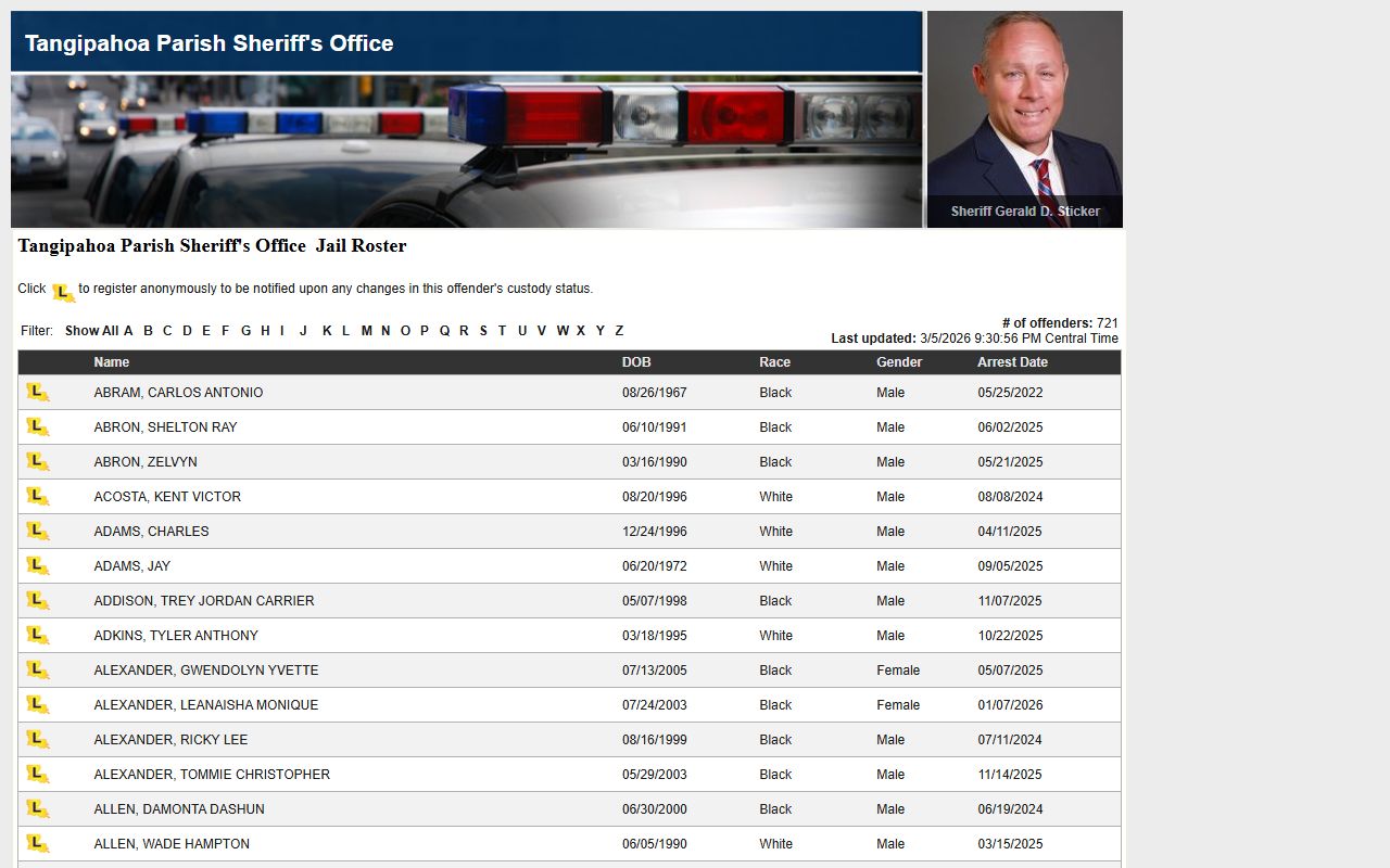 Tangipahoa Parish LAVINE roster for searching Hammond recent bookings and inmate records