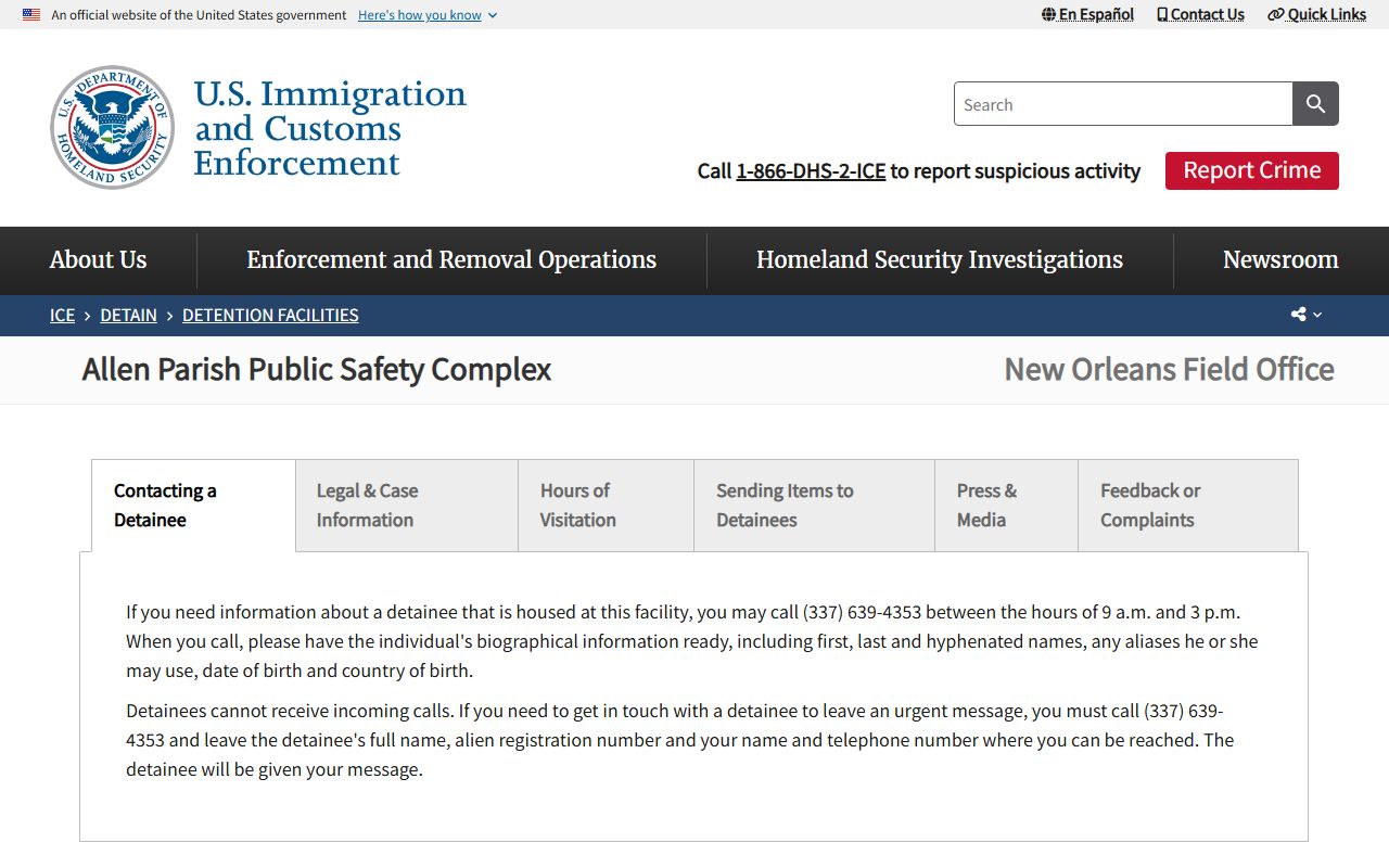 ICE detention facility information page for Allen Parish Public Safety Complex