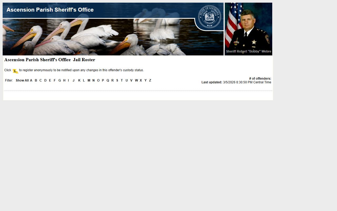 Ascension Parish Sheriff LAVINE roster displaying recent bookings