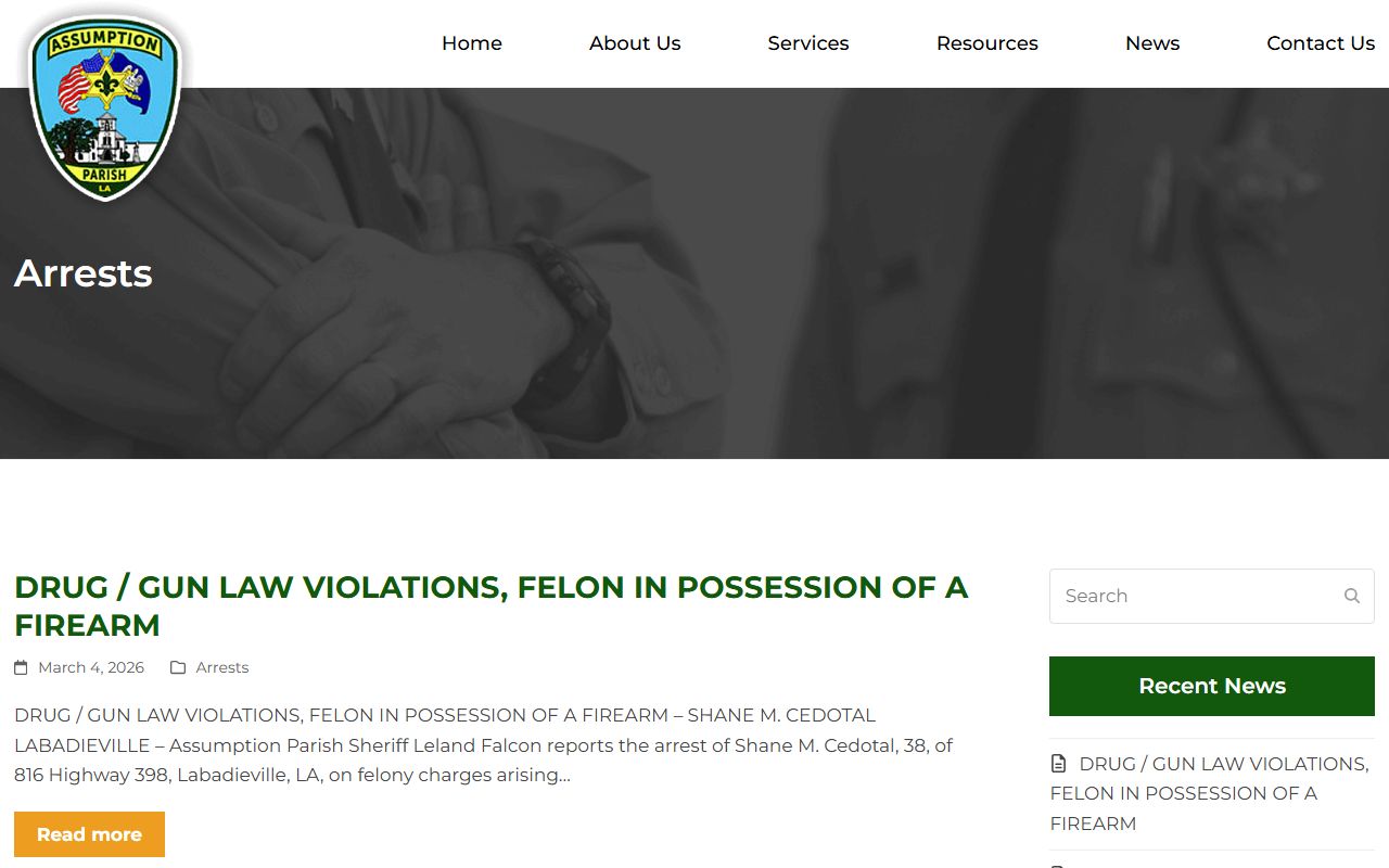 Assumption Parish Sheriff arrest reports page with detailed offense descriptions