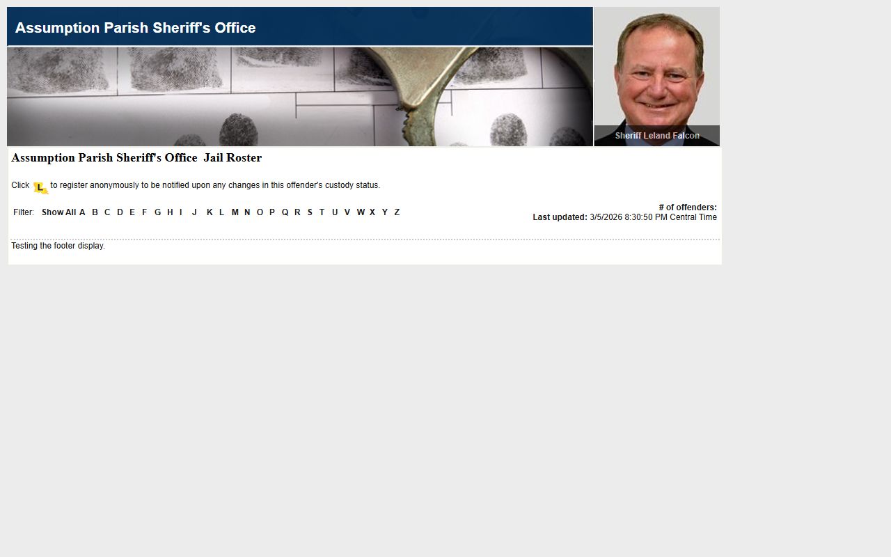 Assumption Parish Sheriff LAVINE roster showing current bookings and arrest records