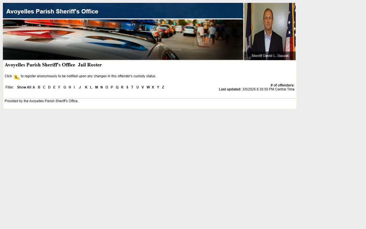 Avoyelles Parish Sheriff LAVINE roster showing recent bookings and jail inmates