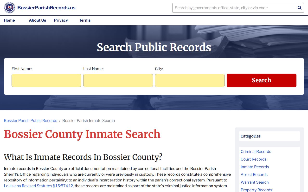 Bossier Parish inmate search portal for finding recent booking records