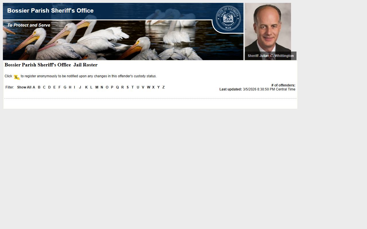 Bossier Parish Sheriff LAVINE roster displaying recent bookings with charges and bond amounts