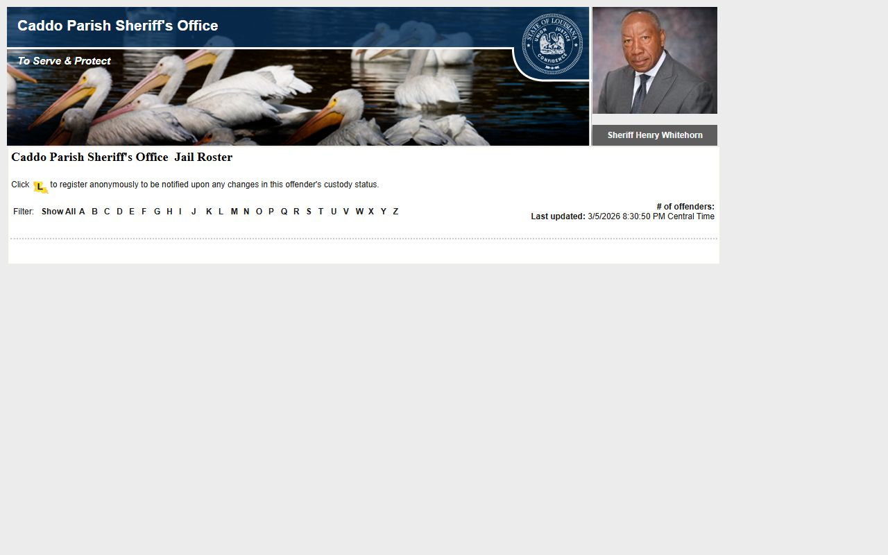 Caddo Parish Sheriff LA VINE roster showing recent bookings at Caddo Correctional Center