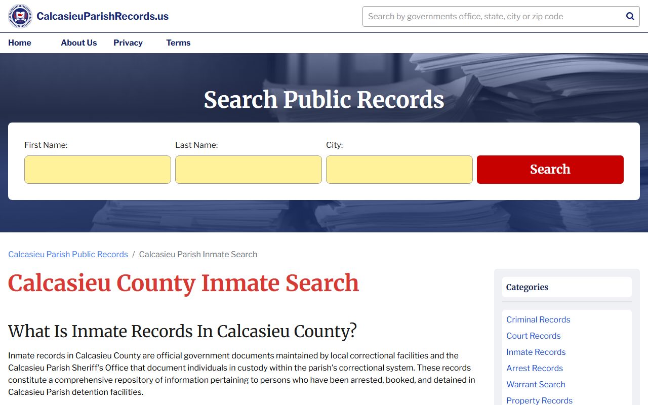 Calcasieu Parish inmate search portal showing booking records