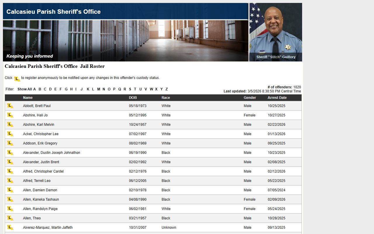Calcasieu Parish Sheriff LA VINE roster page for recent bookings and inmate search