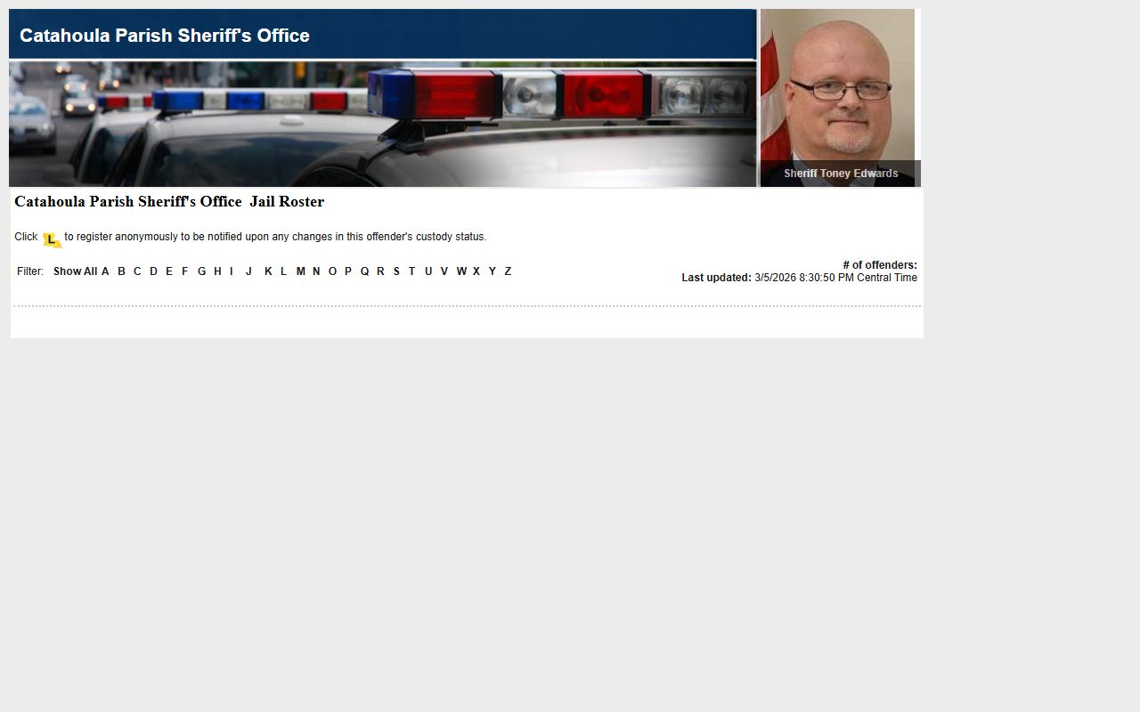 Catahoula Parish Sheriff LA VINE roster listing recent bookings and current inmates