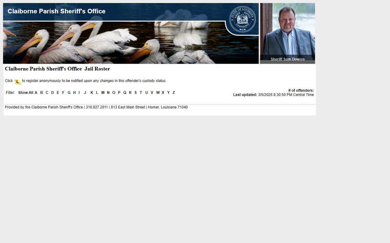 Claiborne Parish Sheriff LA VINE roster showing recent bookings and inmate list