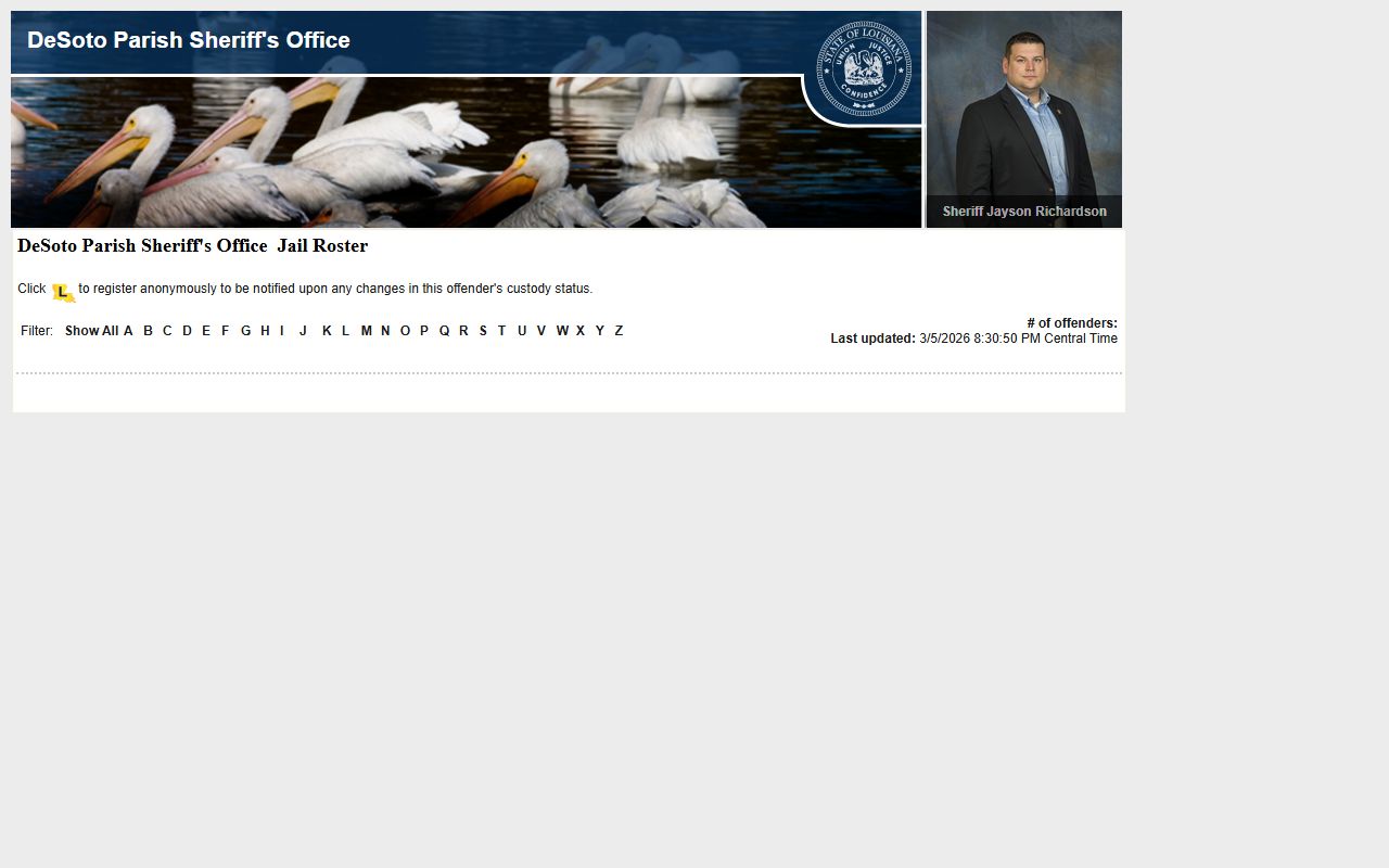 DeSoto Parish Sheriff LA VINE roster showing recent bookings and current inmates