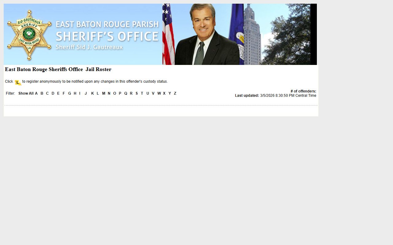 East Baton Rouge Parish Sheriff LA VINE roster page for recent bookings