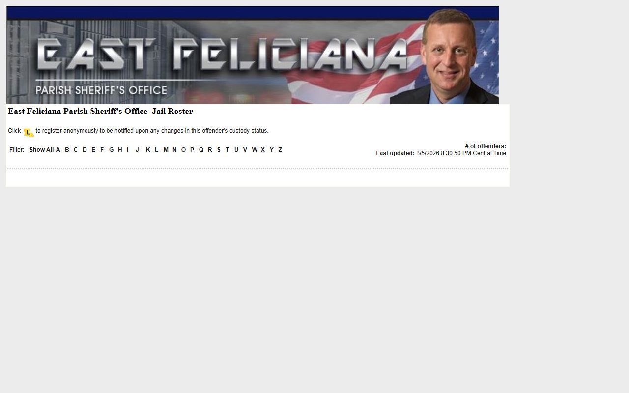 East Feliciana Parish Sheriff LA VINE roster page with recent bookings