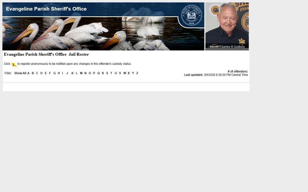 Evangeline Parish Sheriff LA VINE roster page showing recent bookings