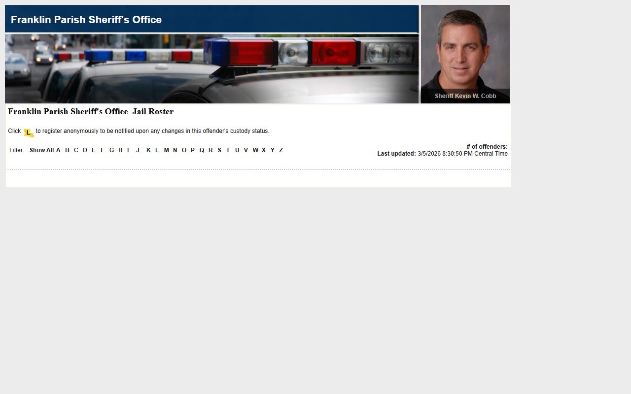 Franklin Parish Sheriff LA VINE roster with recent bookings and inmate data