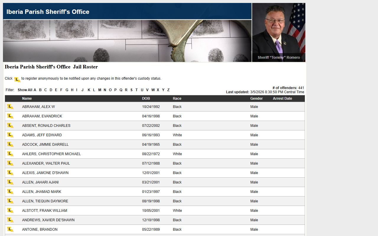 Iberia Parish Sheriff LA VINE roster showing recent bookings and inmate records
