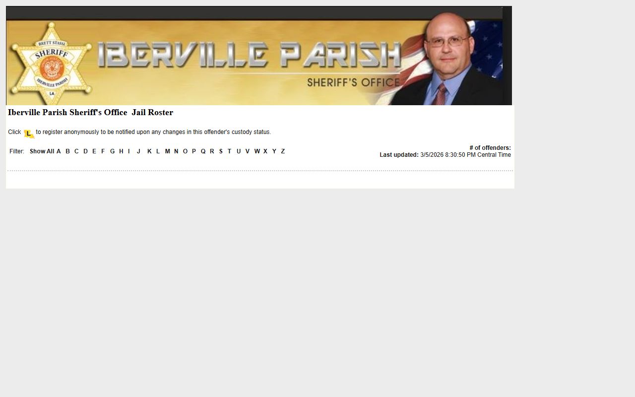 Iberville Parish Sheriff LA VINE roster showing recent bookings at Iberville Parish Jail