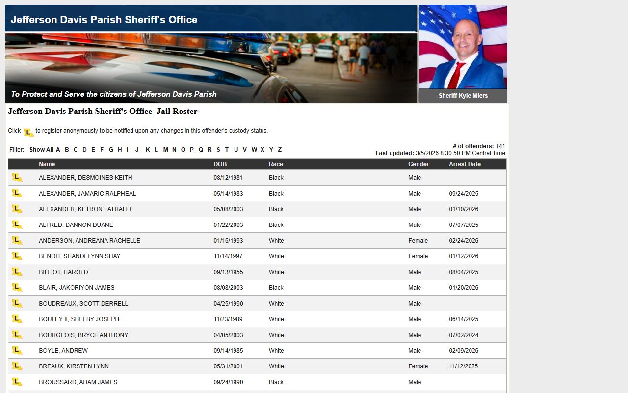 Jefferson Davis Parish Sheriff LAVINE roster page listing recent bookings and inmate records