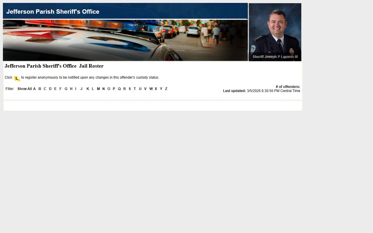 Jefferson Parish Sheriff LAVINE roster page showing recent bookings and inmate list