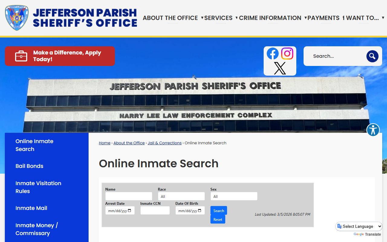 Jefferson Parish Sheriff Office online inmate search portal for recent bookings