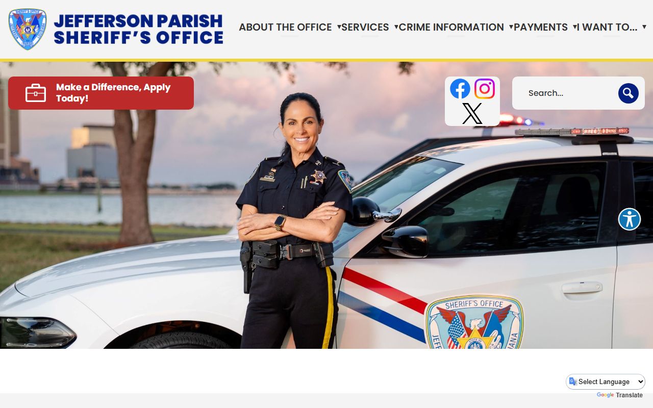 Jefferson Parish Sheriff Office homepage with links to inmate search and recent bookings