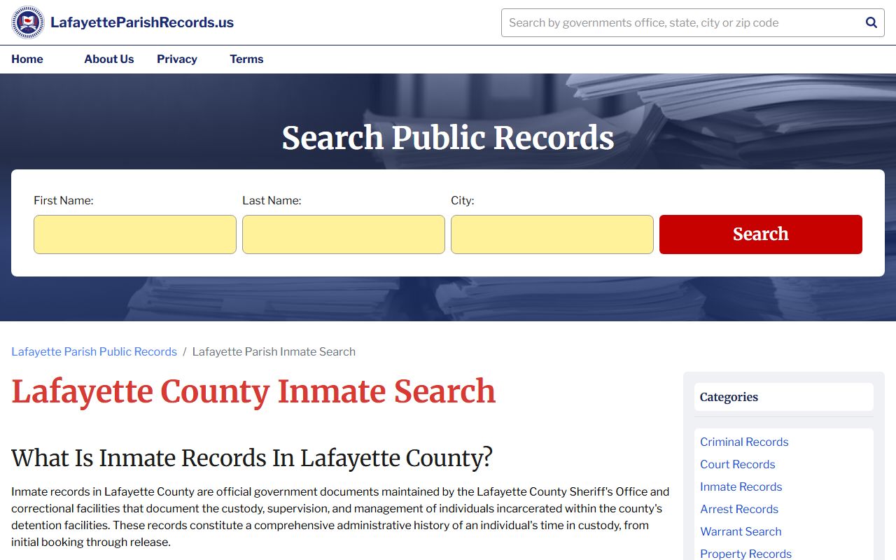 Lafayette Parish inmate search portal showing recent bookings and arrest records