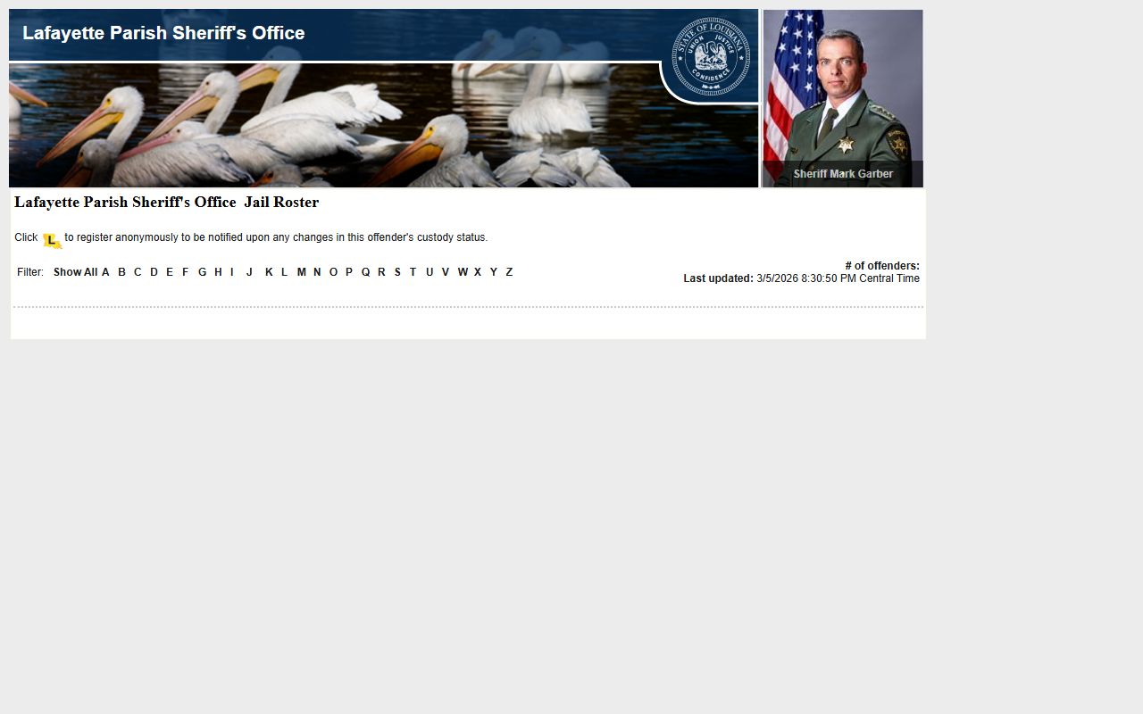 Lafayette Parish Sheriff LAVINE roster page with recent bookings and current inmate list