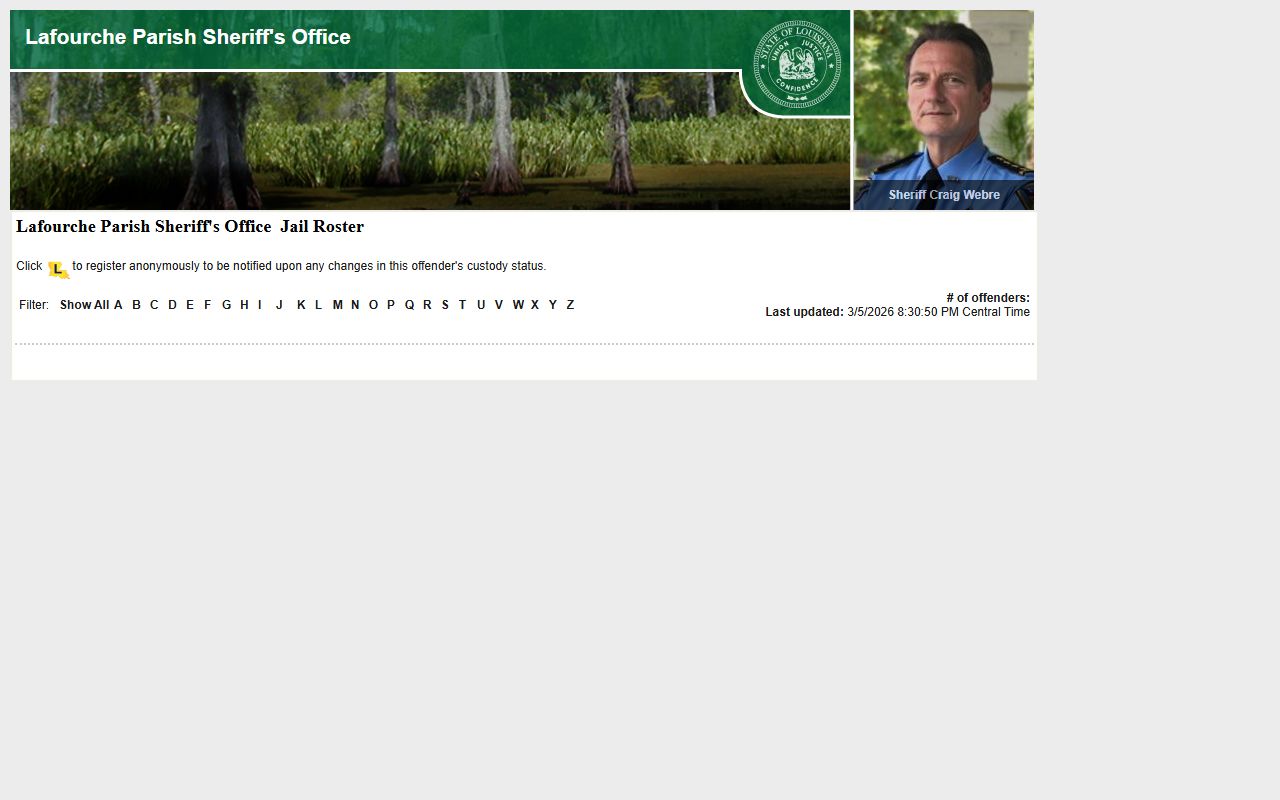 Lafourche Parish Sheriff LAVINE roster showing recent bookings and current jail inmates