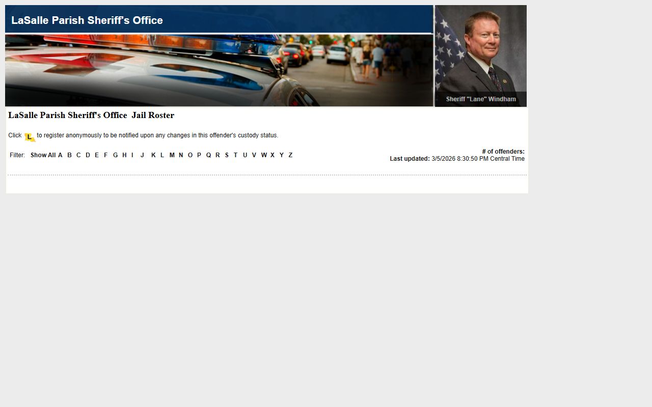 LaSalle Parish Sheriff LA VINE roster showing recent bookings at LaSalle Parish Detention Center in Jena