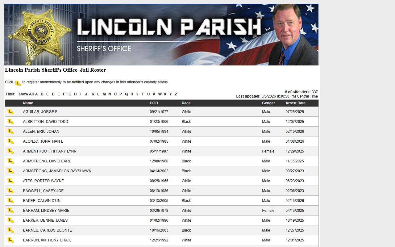 Lincoln Parish Sheriff LA VINE roster page showing recent bookings at Lincoln Parish Detention Center in Ruston