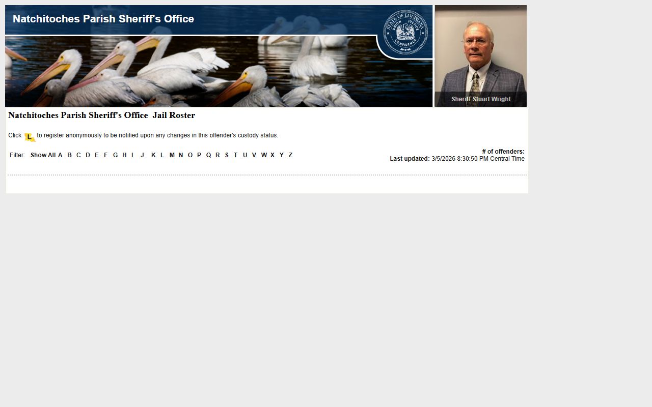 Natchitoches Parish Sheriff LA VINE roster page showing current jail bookings