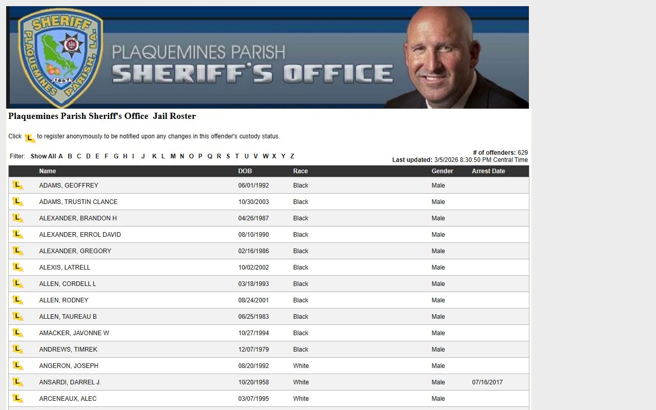 plaquemines parish sheriff lavine roster plaquemines parish recent bookings