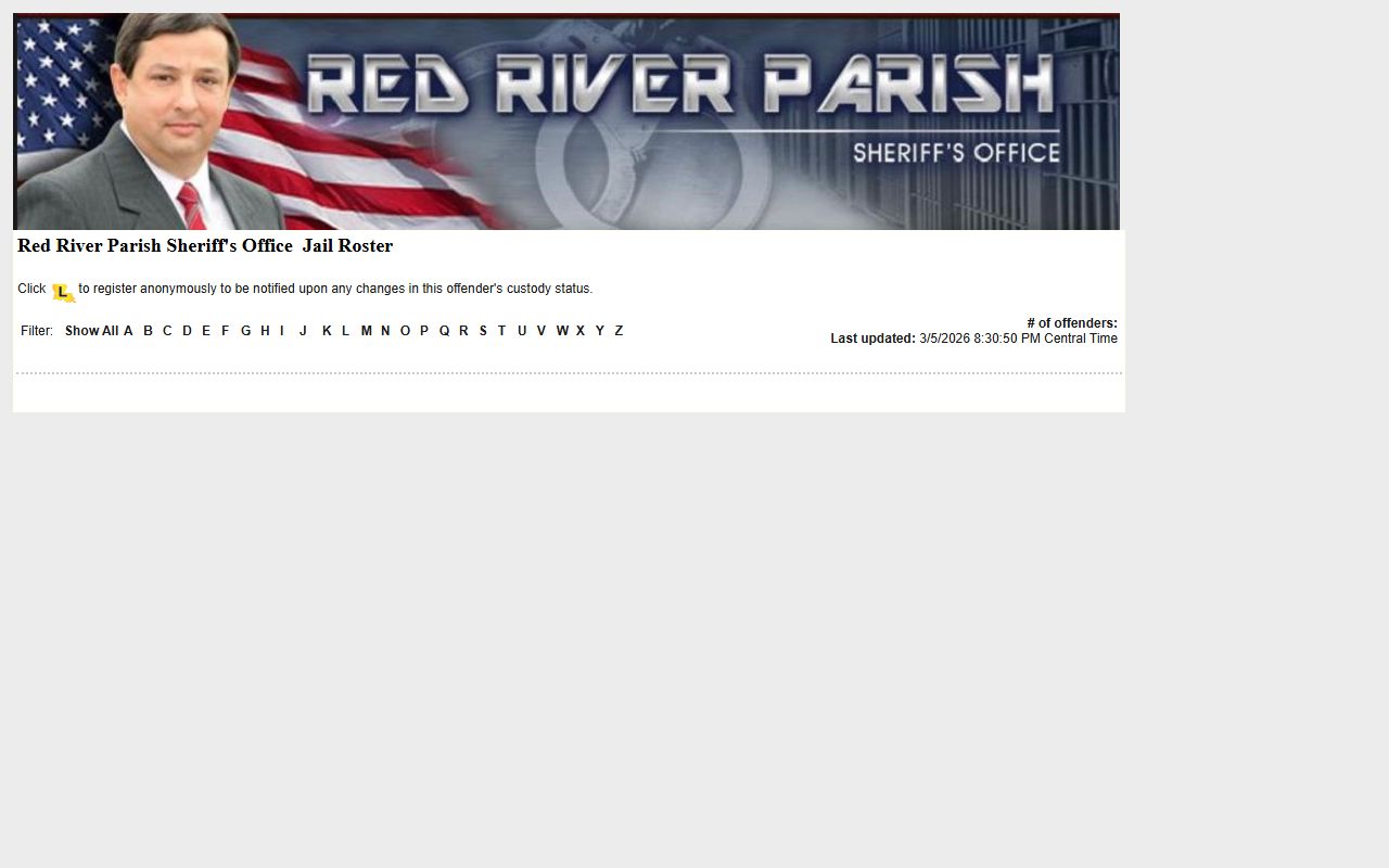Red River Parish Sheriff LAVINE roster showing recent bookings and current inmates
