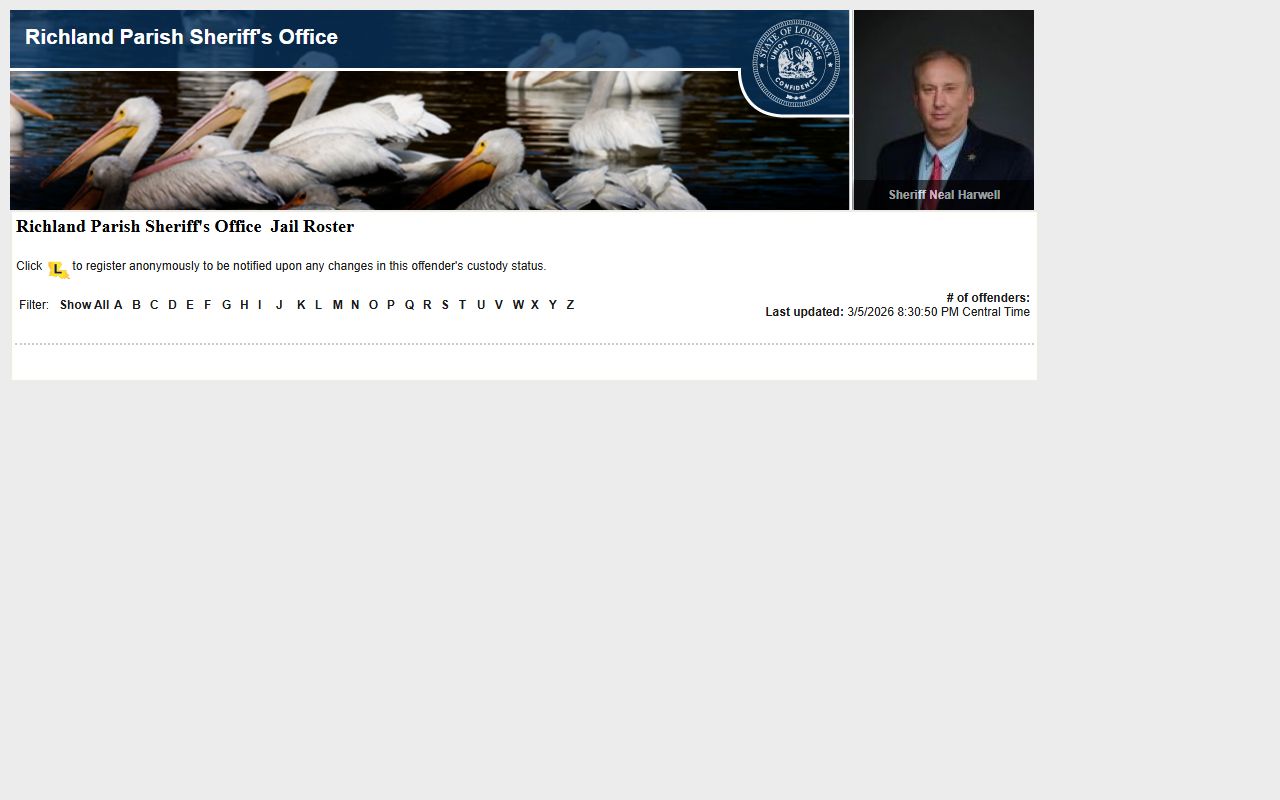 Richland Parish Sheriff LAVINE roster showing current bookings and recent arrests