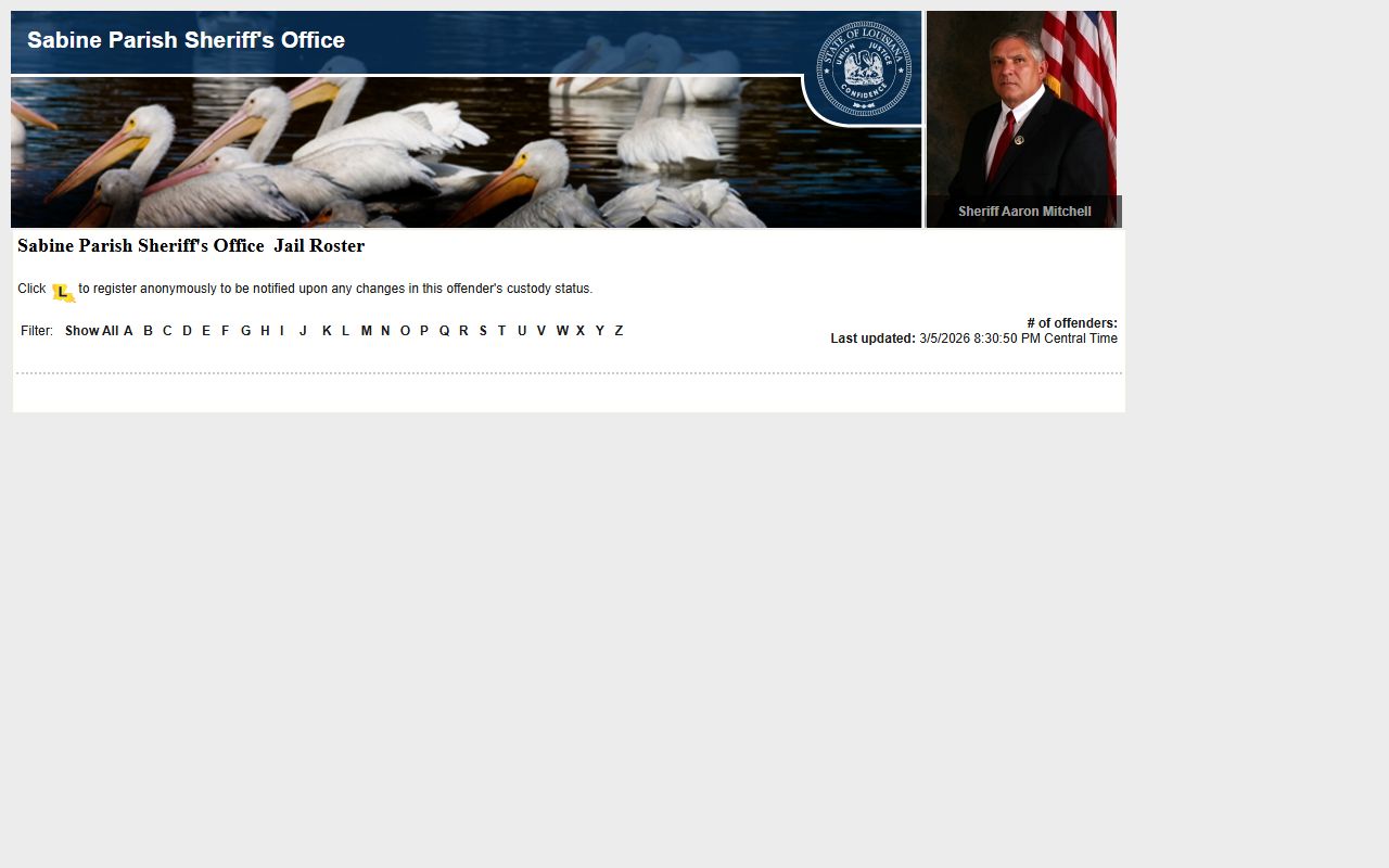 Sabine Parish Sheriff LAVINE roster showing recent bookings and current jail inmates