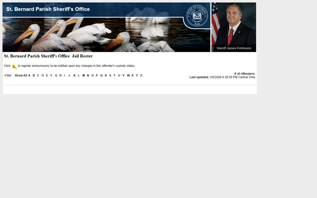 St. Bernard Parish LAVINE roster showing recent bookings and current inmate list