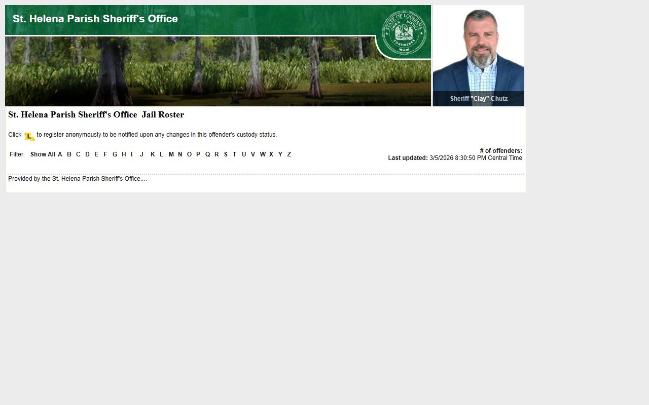 St. Helena Parish LAVINE roster showing recent bookings and inmate information