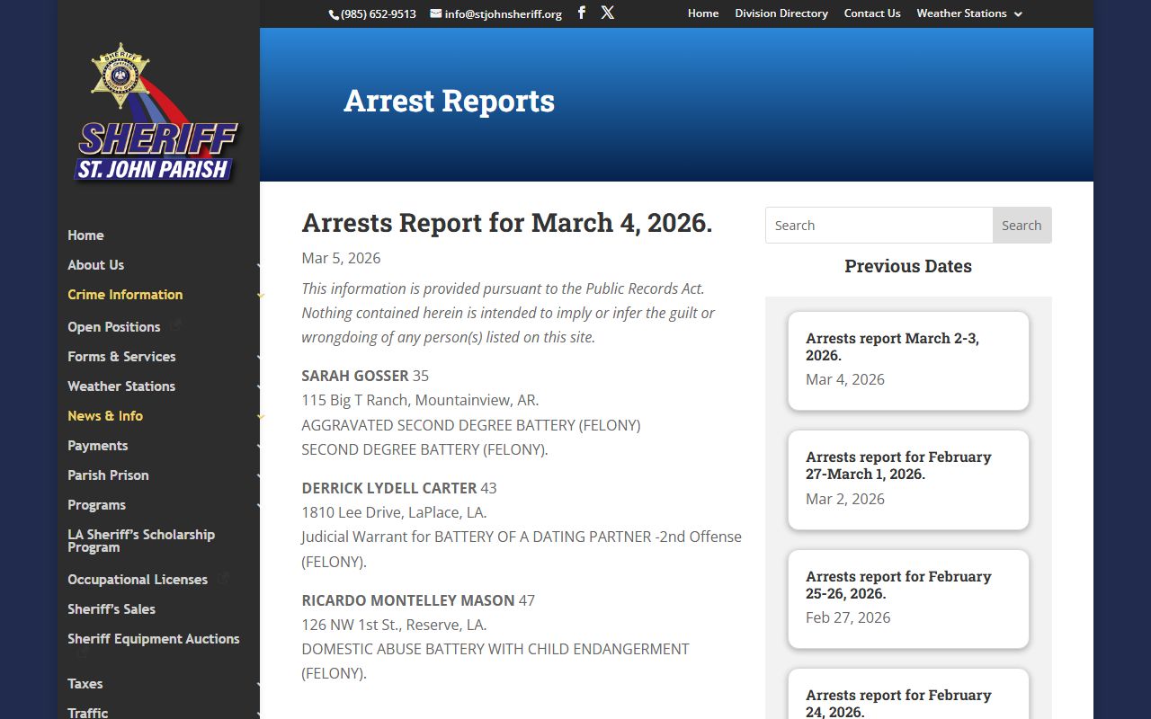 St. John the Baptist Parish daily arrest reports page with charges and felony classification