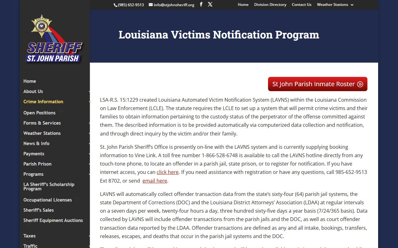 St. John the Baptist Parish LAVINE information page explaining victim notification system for recent bookings