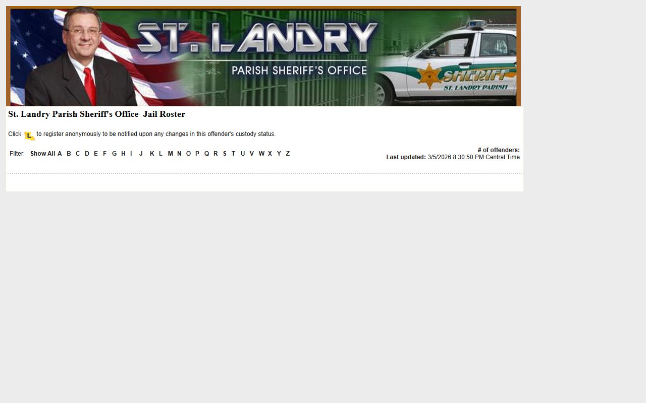 St. Landry Parish Sheriff LAVINE roster showing recent bookings in Opelousas