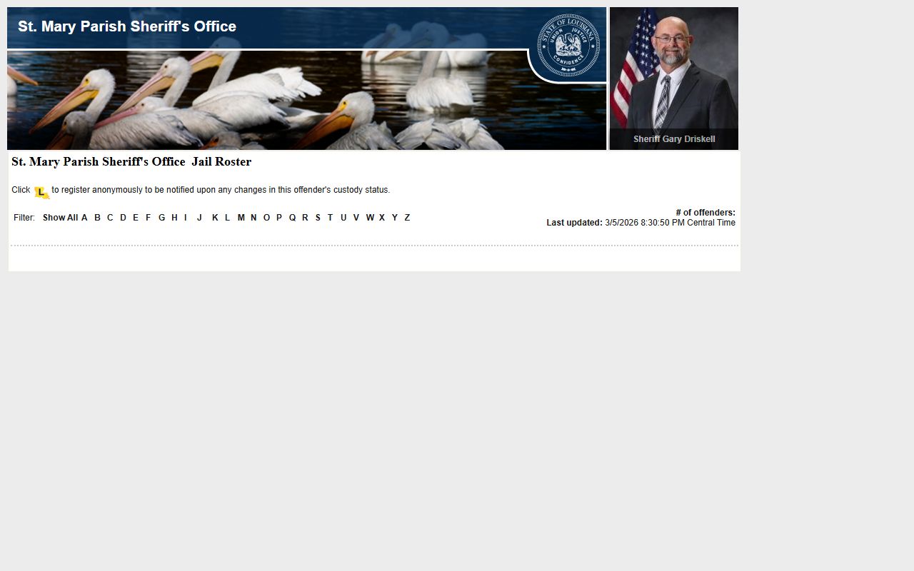 St. Mary Parish LAVINE roster page for recent bookings at the St. Mary Parish Law Enforcement Center