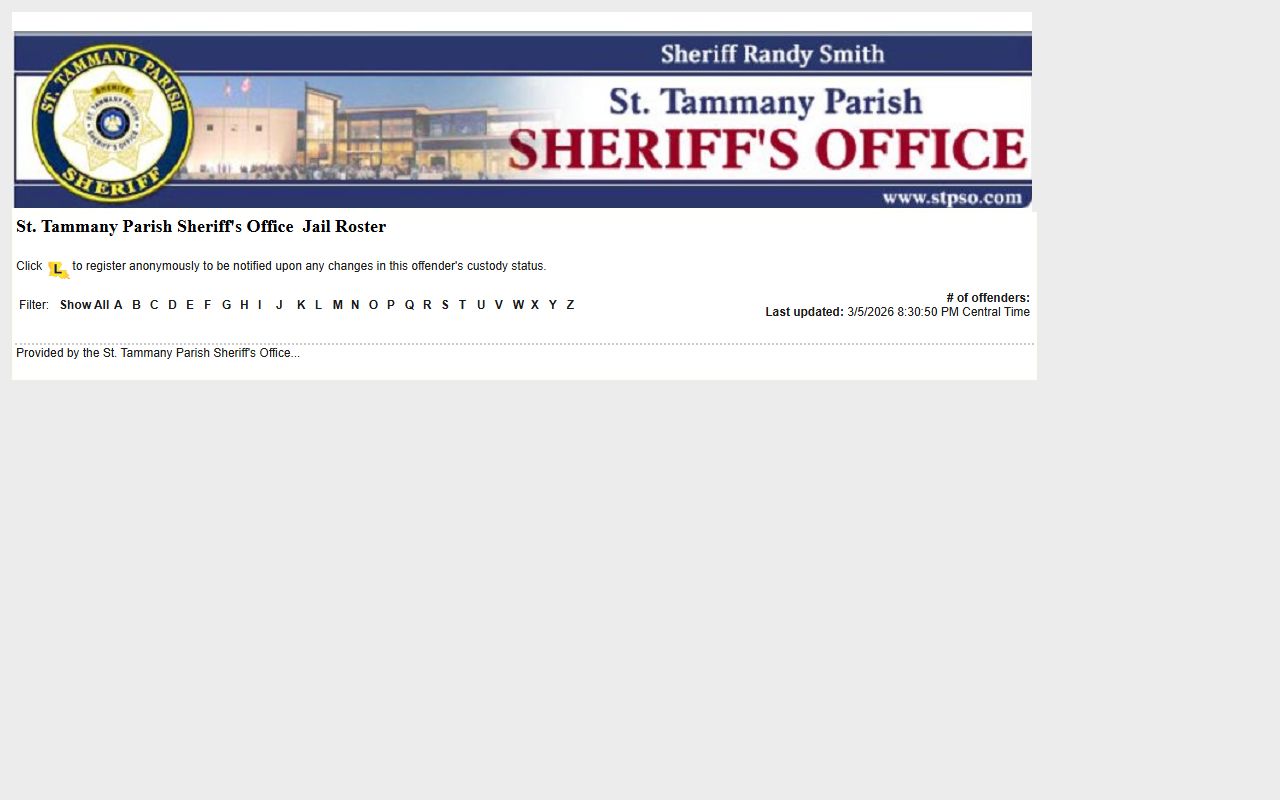 St. Tammany Parish LAVINE roster showing recent bookings and current jail population