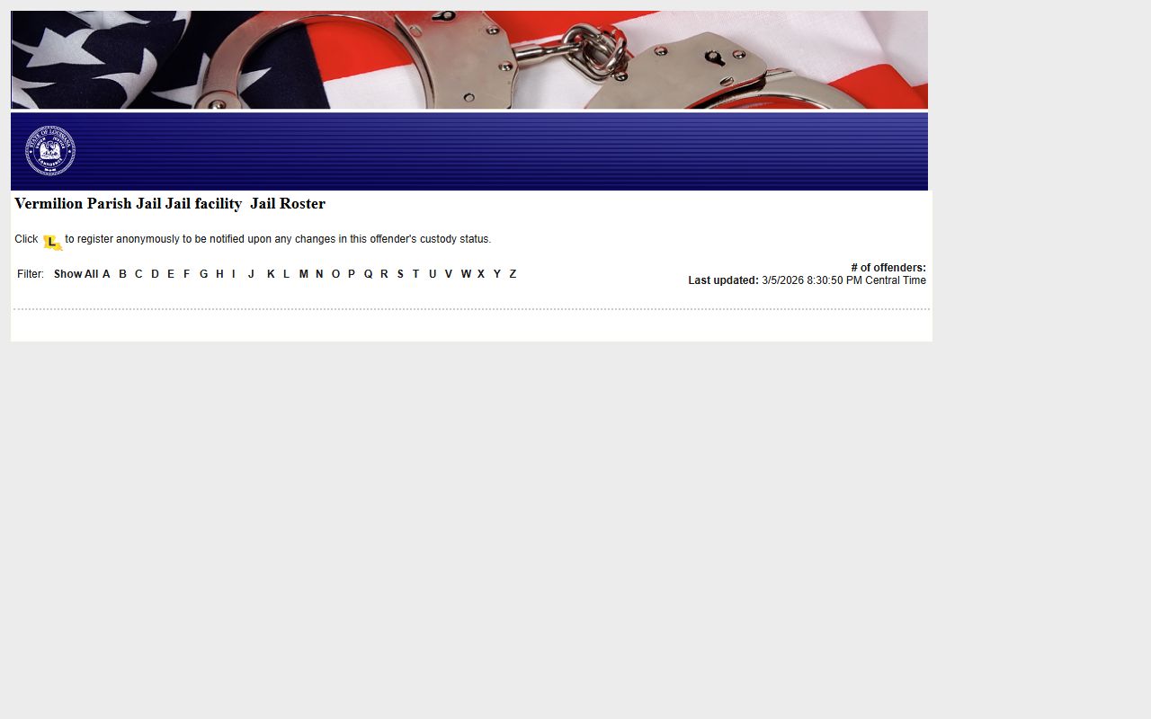 Vermilion Parish Sheriff LAVINE roster showing recent bookings and current inmates